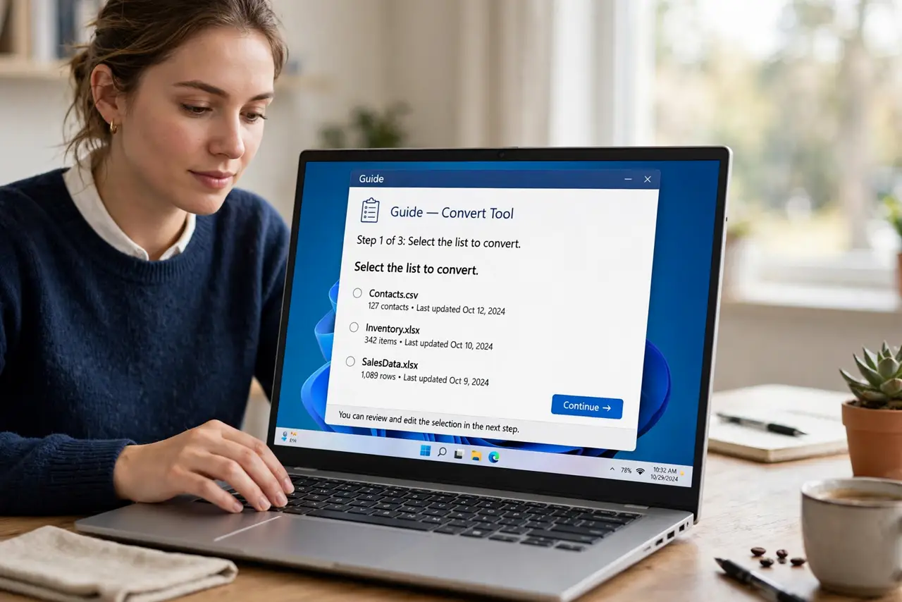 A person doing the guide's first step: Select the list to convert.