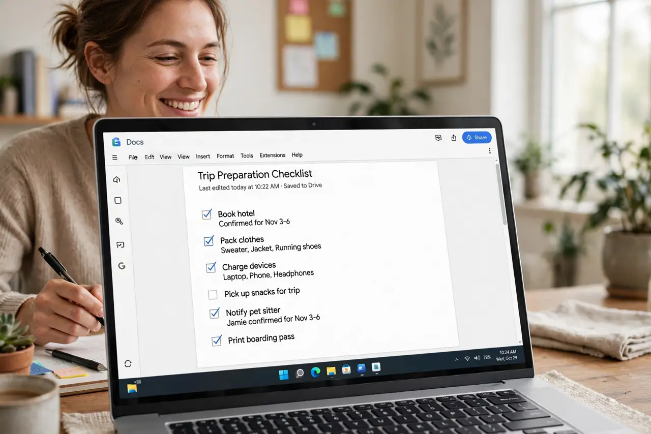 A person checking off items on a real laptop screen showing Google Docs with a checklist and checked boxes legible, the person's face pleased, home office.