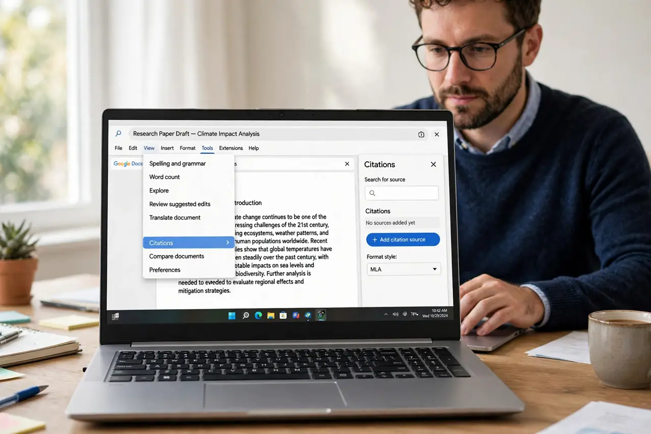 A person performing the first step: Open the Citations tool. Tools > Citations. The sidebar appears — pick your format — MLA, APA, Chicago — before adding.