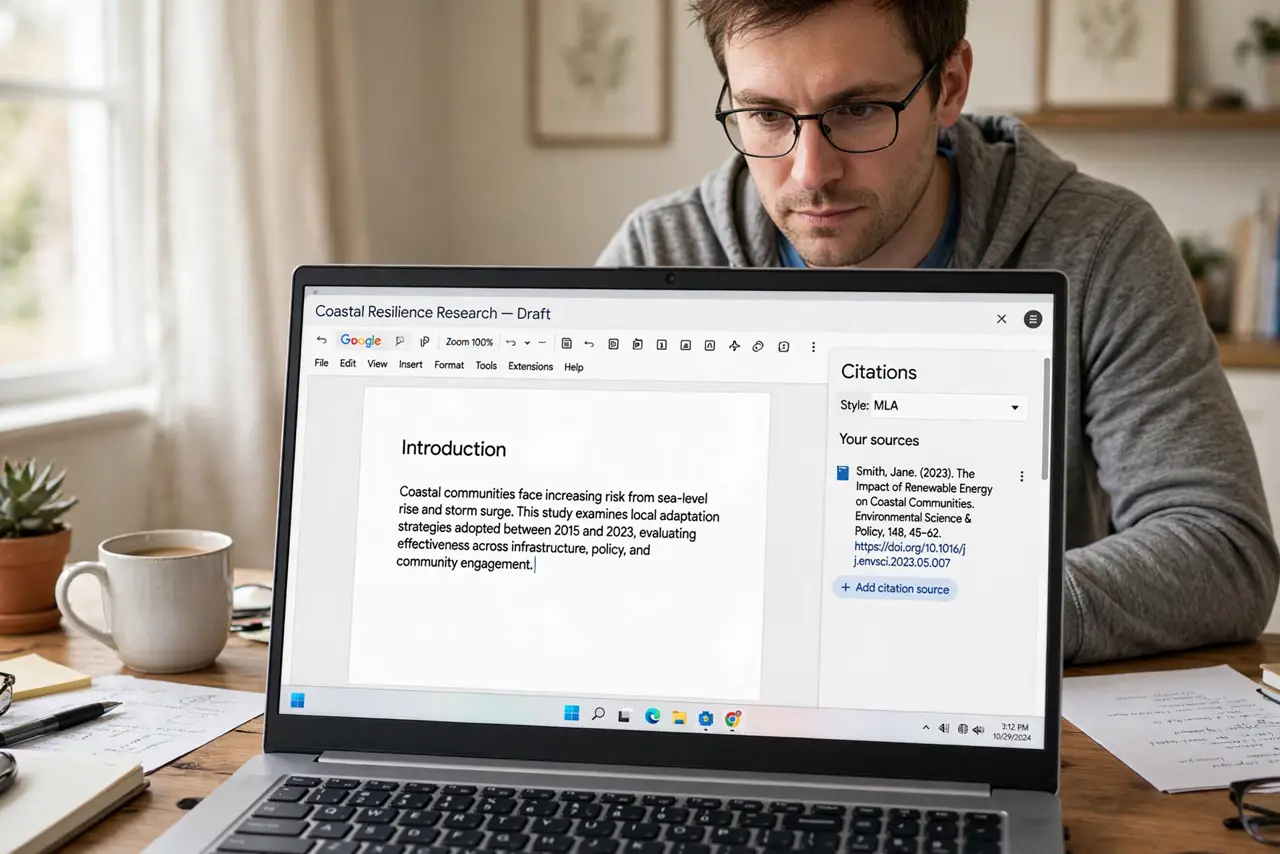 An adult at a desk using a real Windows laptop showing the Google Docs Citations sidebar with a formatted source fully legible, the person's face studious, home office.