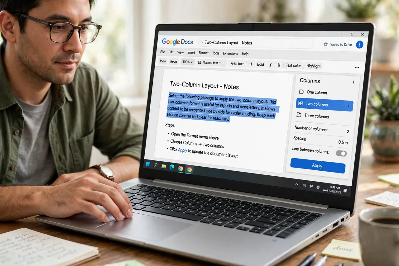 A person performing the first step: Select the text — or not. Select the passage for partial columns, or nothing for the whole document. Selection-first is.