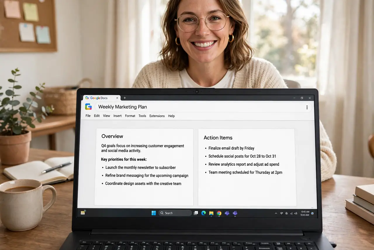 An adult at a desk using a real Windows laptop showing a Google Doc in two-column layout with fully legible text, the person's face pleased, home office.