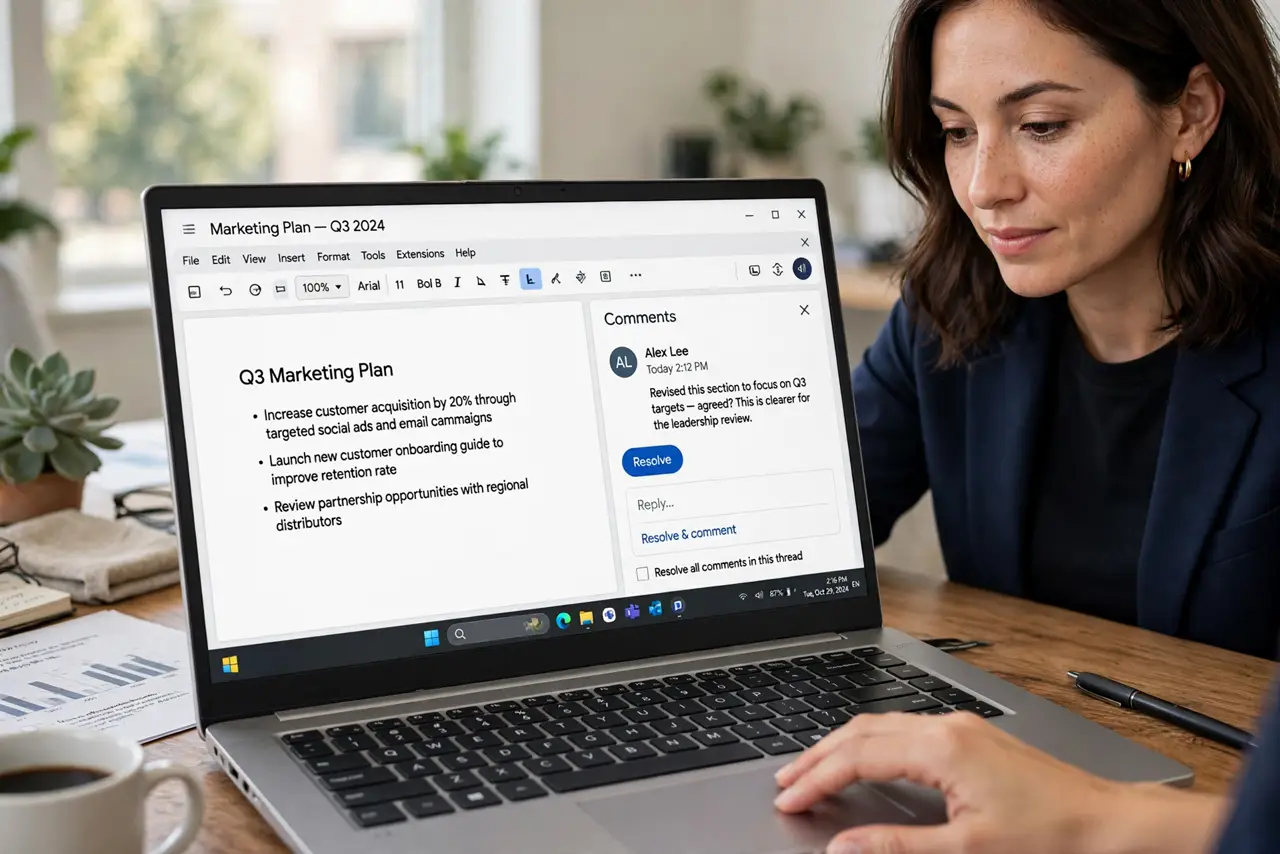 Resolve vs Delete Comments in Docs — a calm professional resolving a comment thread in Google Docs on a real laptop, the comment panel showing reso