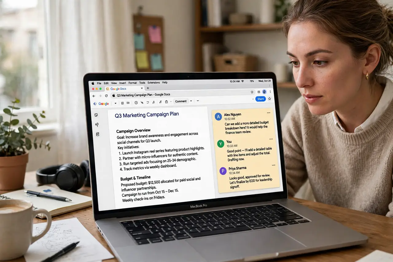 A person at a desk looking at a real laptop showing Google Docs with a legible comment thread open in the margin, the person's face focused, home office.