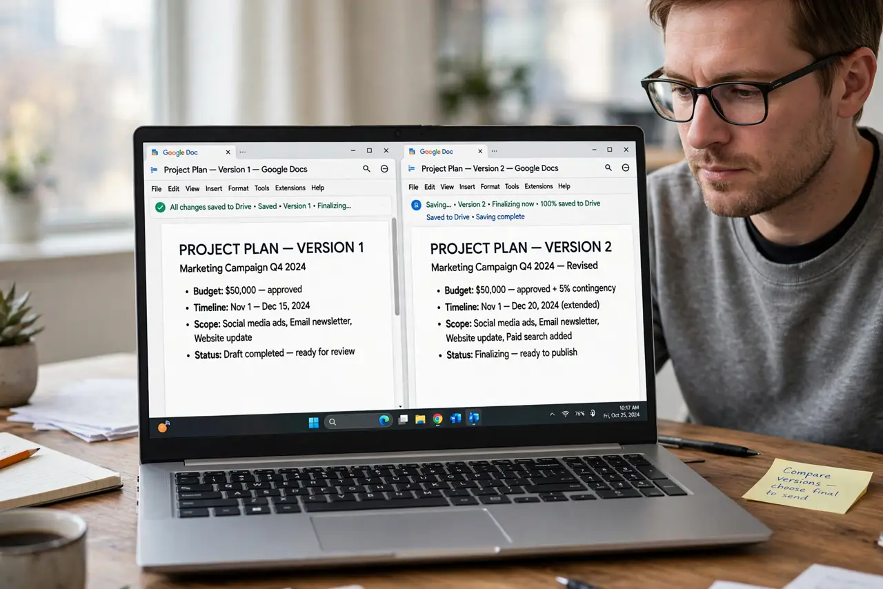 A person performing the first step: Finalize both versions. Save each version as its own state — no edits mid-compare. Moving targets produce meaningless.