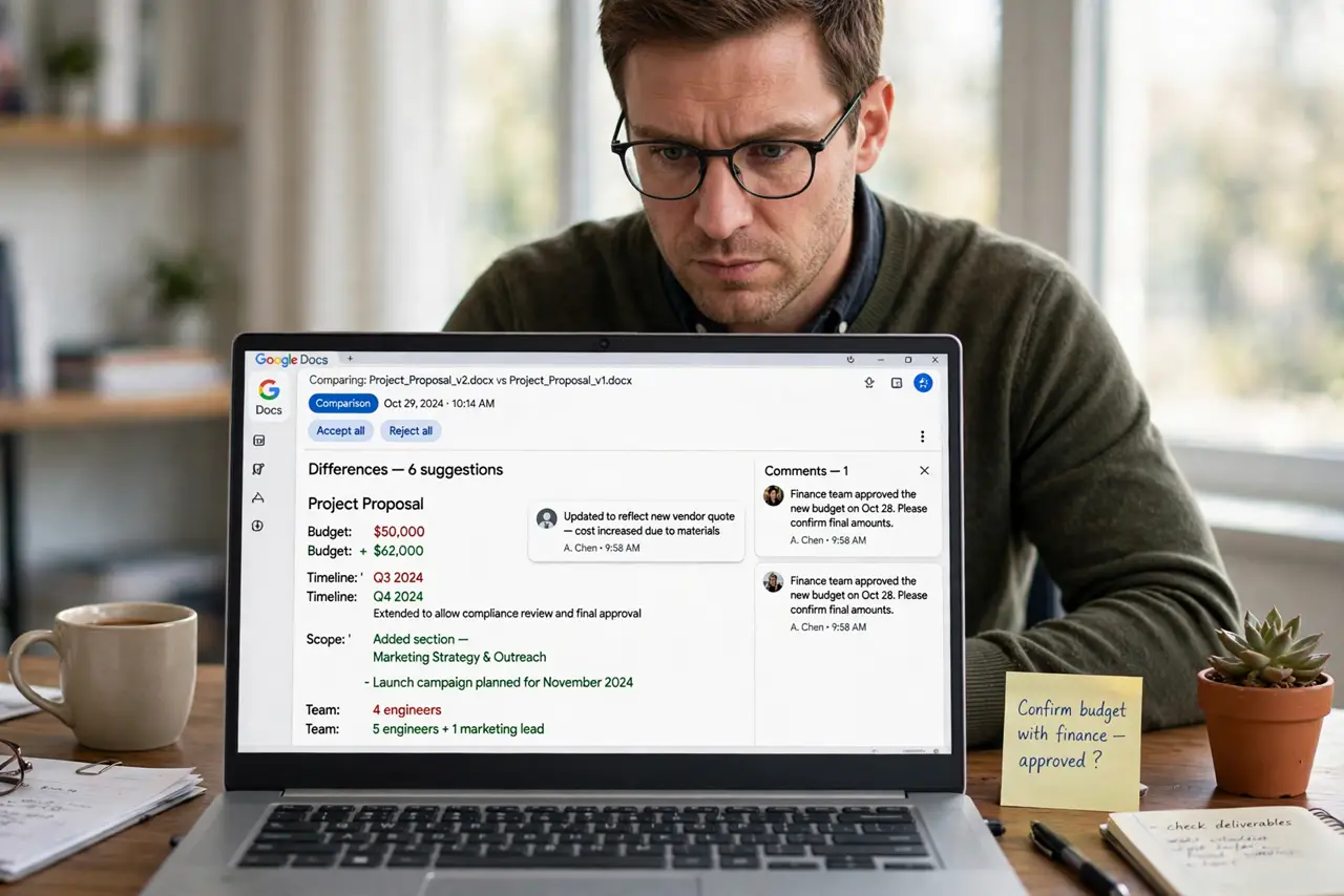 An adult at a desk using a real Windows laptop showing a Google Docs comparison result with tracked differences fully legible, the person's face analytical, office.