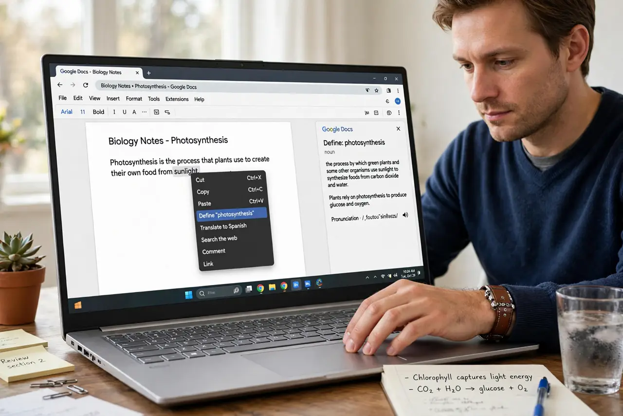 A person performing the first step: Define a word. Right-click — or Ctrl+click — any word > Define. The card pops with definitions ranked by commonness..