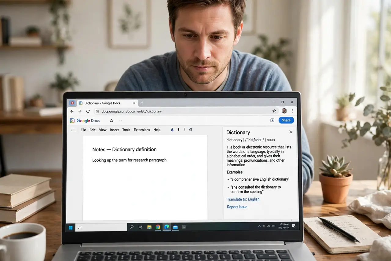 An adult at a desk using a real Windows laptop showing the Google Docs dictionary definition card with fully legible text, the person's face thoughtful, home office.
