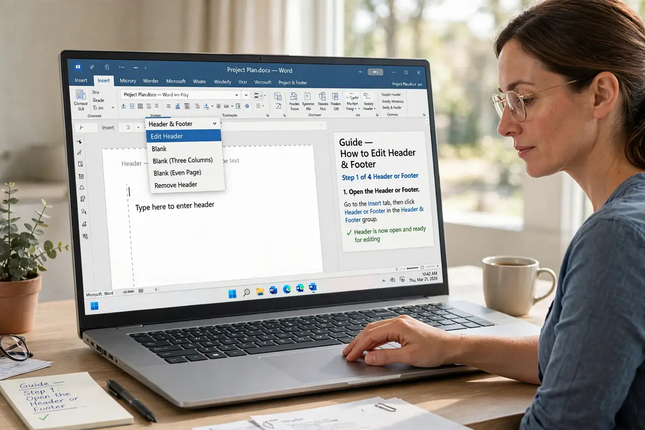 A person doing the guide's first step: Open the header or footer.