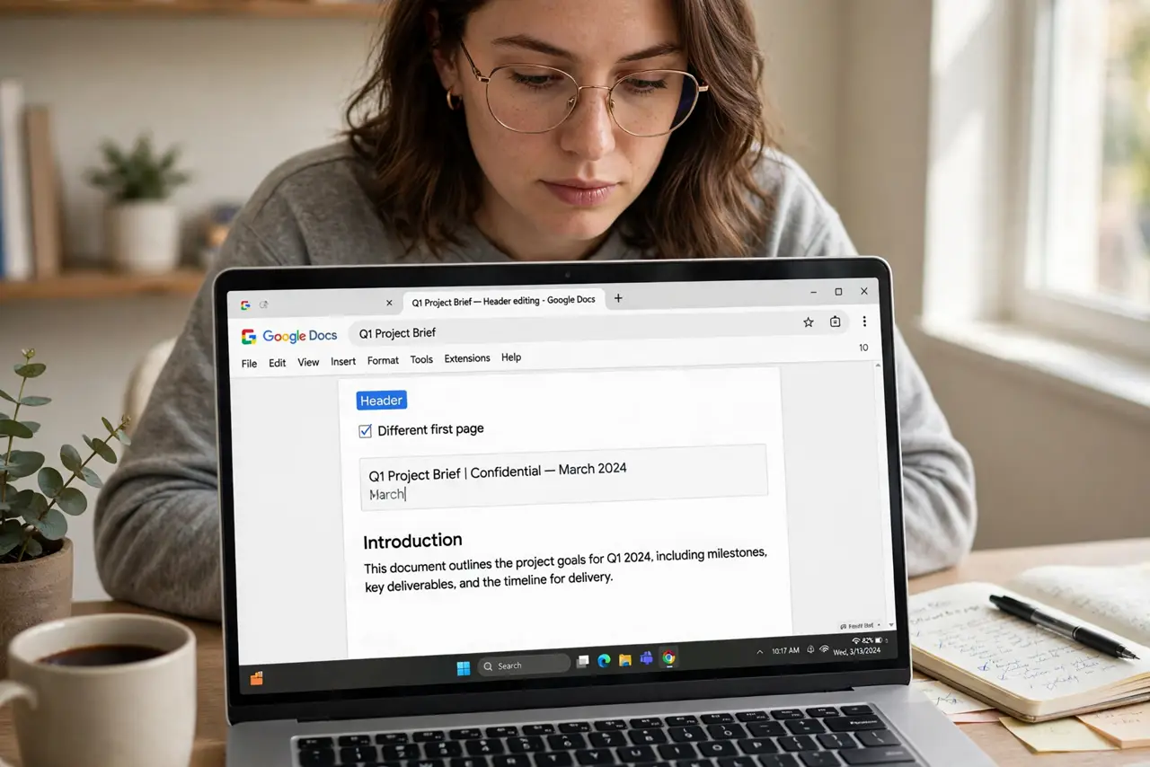 A person editing a document header on a real laptop screen showing Google Docs with a Different first page checkbox legible, the person's face focused, home office.