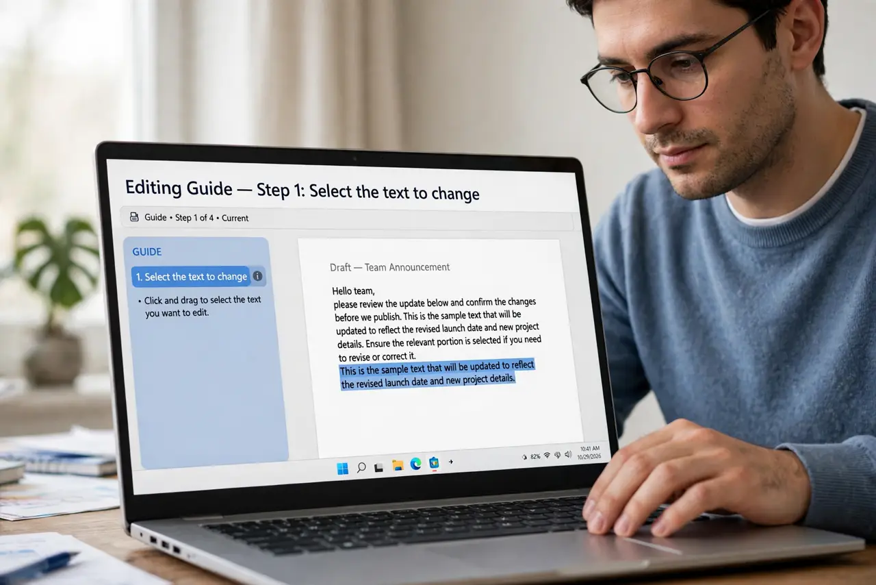 A person doing the guide's first step: Select the text to change.