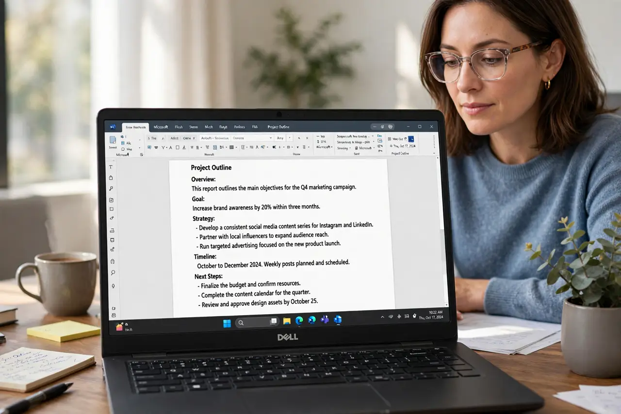 A person at a desk looking at a real laptop screen showing a double-spaced document with clearly visible gaps between lines of legible text, the person's face calm and focused.