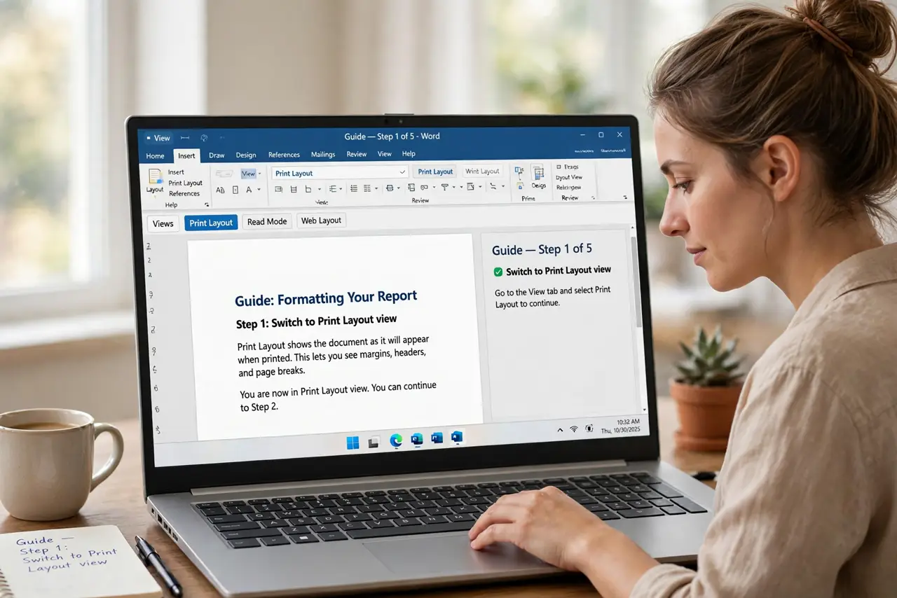 A person doing the guide's first step: Switch to Print layout view.