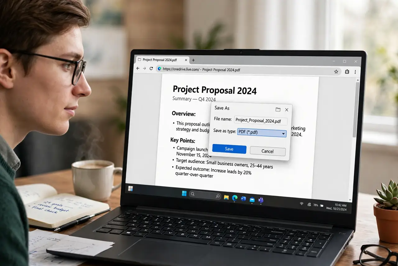A person at a desk looking at a real laptop screen showing a document with a download dialog open and PDF option highlighted with legible text, the person's face calm and focused.