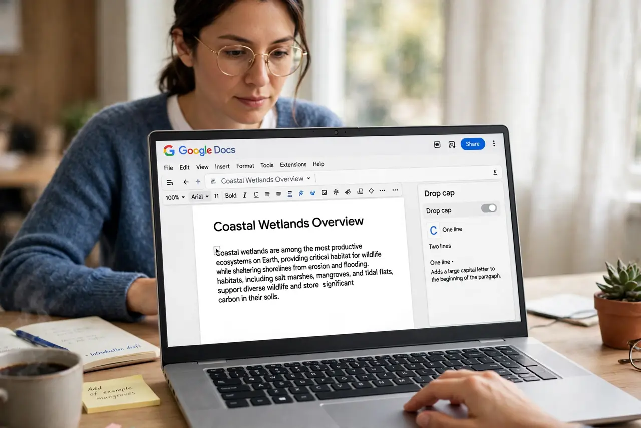 A person performing the first step: Place the cursor in the paragraph. Click anywhere in the opening paragraph — the drop cap applies to the paragraph the.