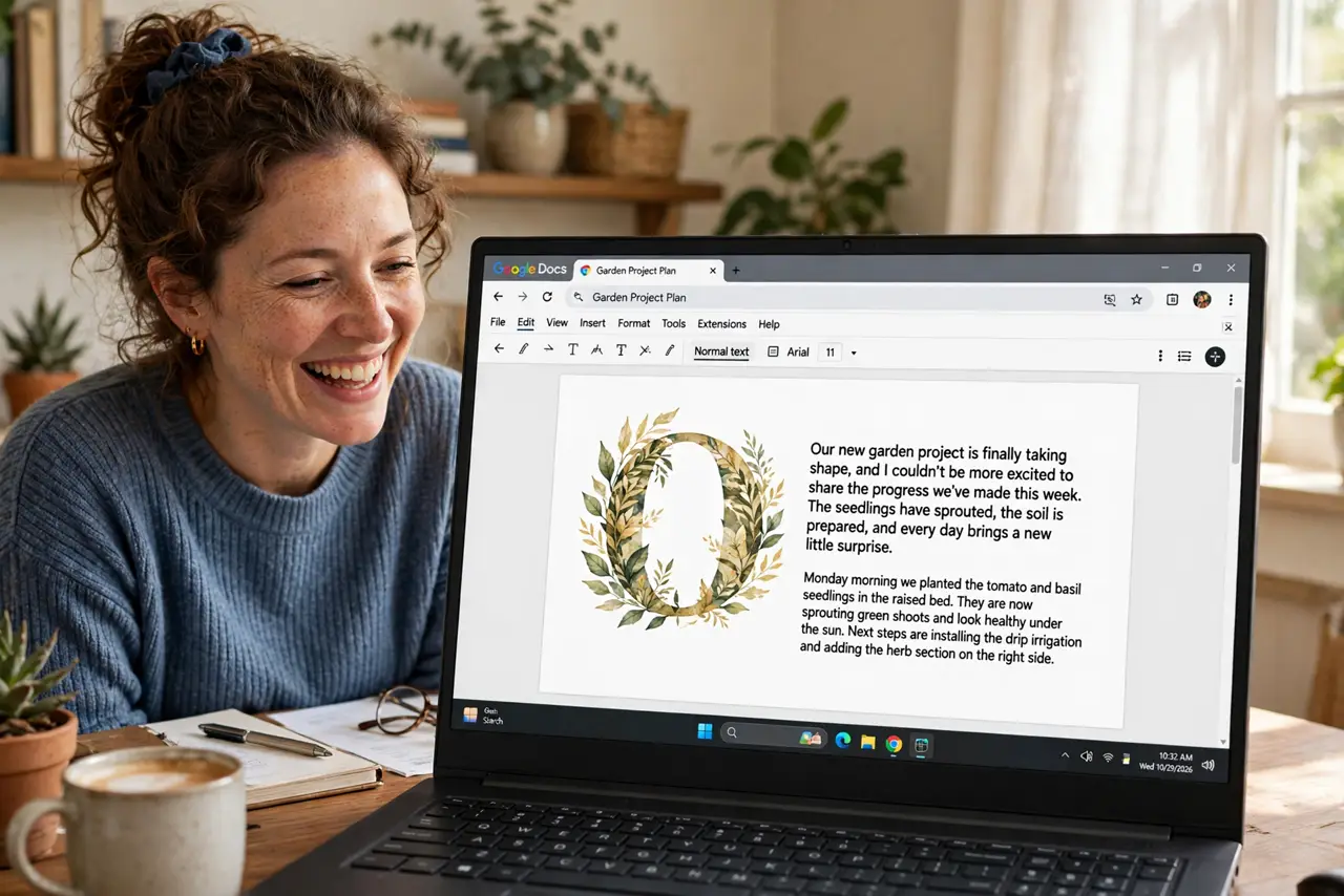 An adult at a desk using a real Windows laptop showing a Google Doc with a large decorative drop cap letter fully legible at a paragraph start, the person's face delighted, home office.