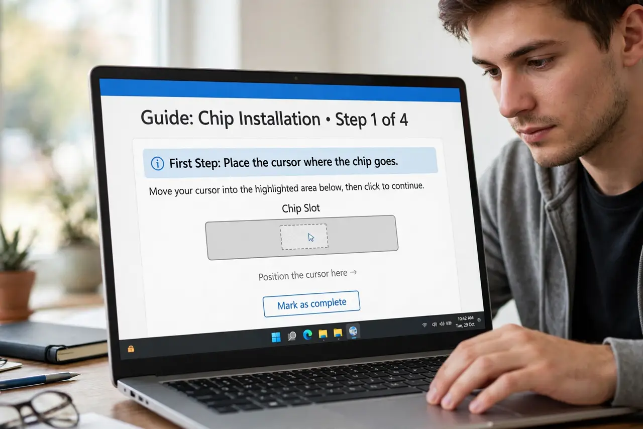 A person doing the guide's first step: Place the cursor where the chip goes.