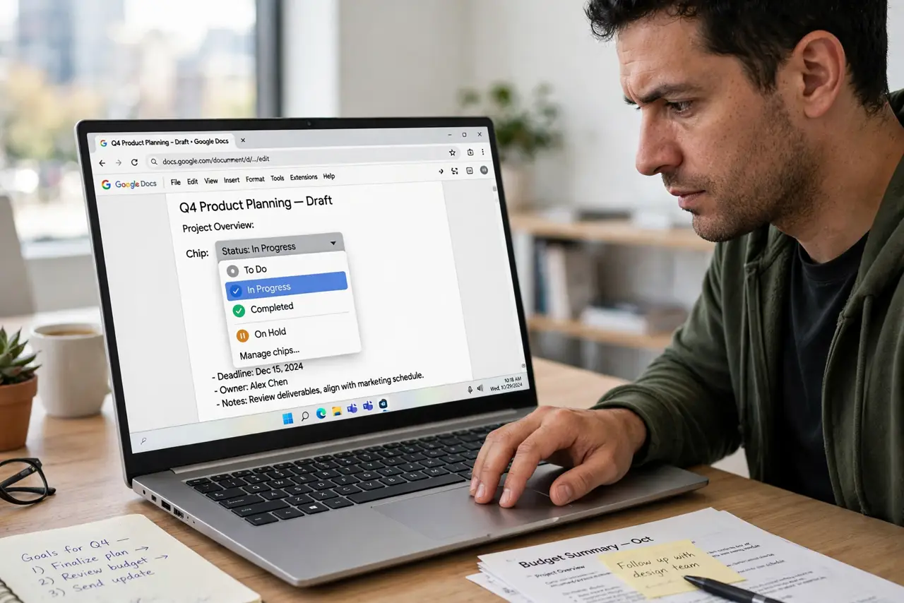 A person selecting a dropdown chip option on a real laptop screen showing Google Docs with an open dropdown menu legible, the person's face focused, office desk.