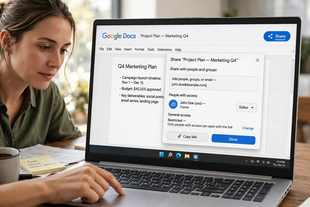 A person performing the first step: Click the Share button. Top-right of the document. The Share dialog is the control room for who can access the file and.