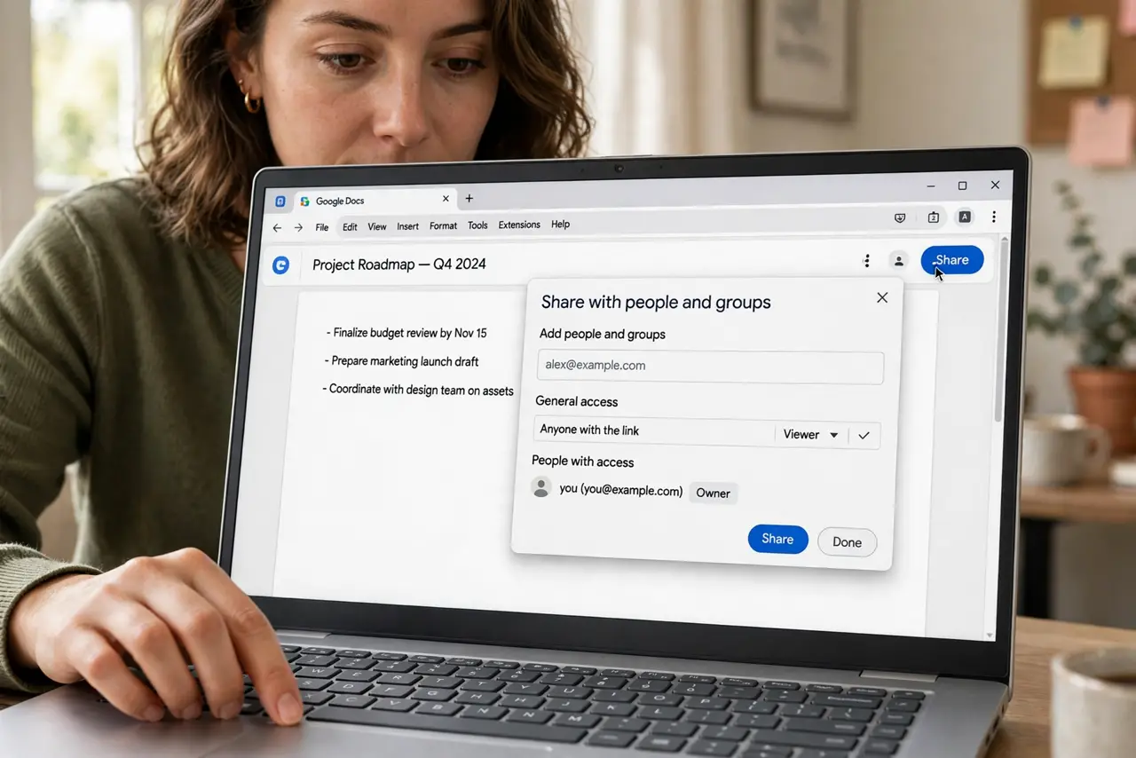 A person clicking the Share button on a real laptop showing a Google Docs document with the share dialog fully legible, the person's face focused, home office.
