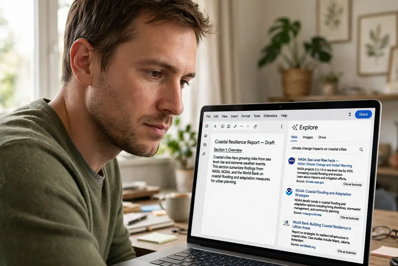 a person researching in the real Google Docs Explore sidebar showing legible web results beside the document, the person's face focused, home office.