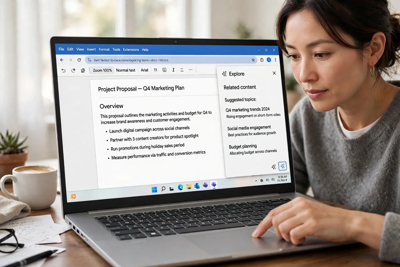 A person performing the first step: Open Explore. Click the star or compass icon at the bottom-right, or Tools > Explore. The sidebar slides in beside your.