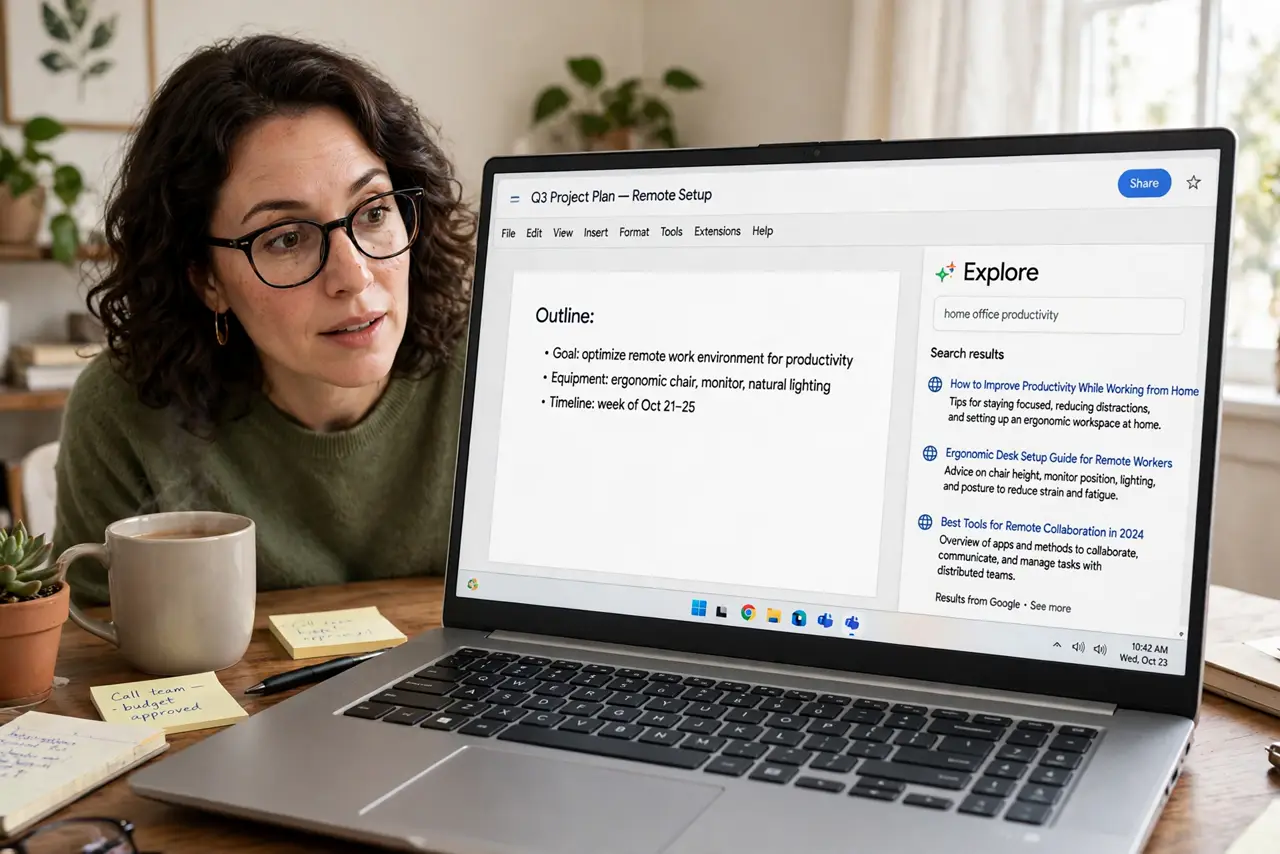 An adult at a desk using a real Windows laptop showing the Google Docs Explore sidebar with search results fully legible, the person's face curious, home office.
