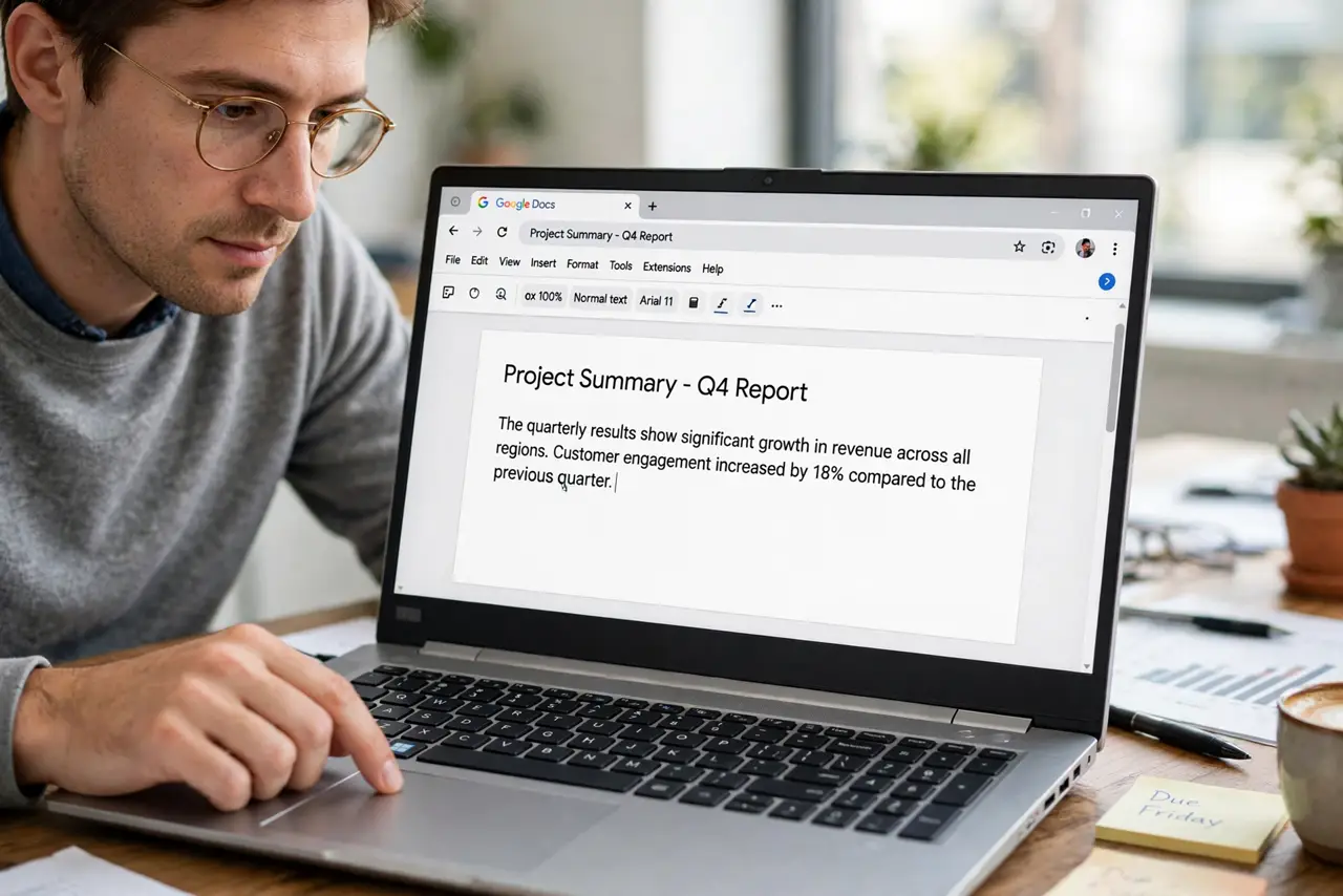 A person performing the first step: Place the cursor. Click right after the word or sentence the note belongs to — no space before the marker..