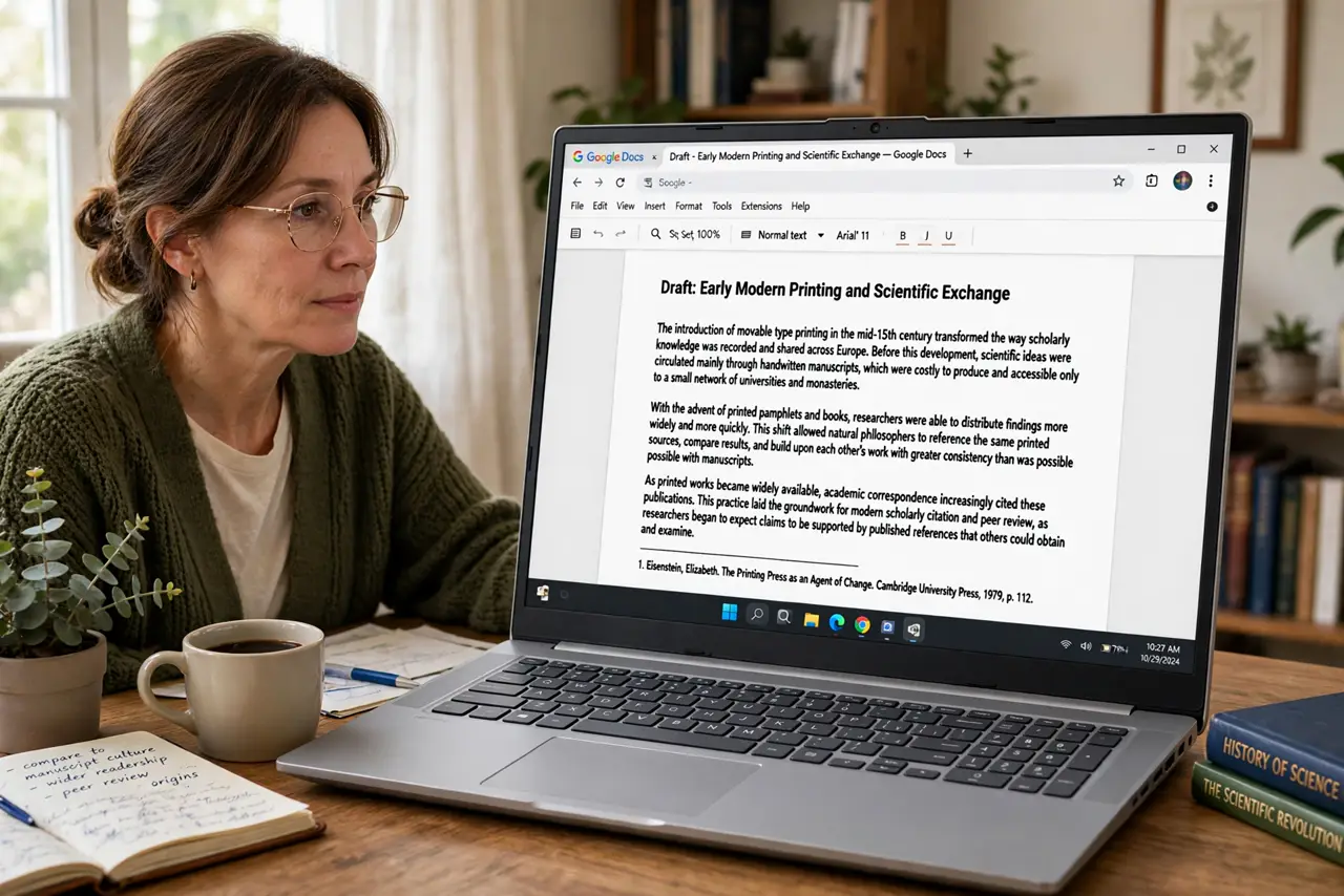 An adult at a desk using a real Windows laptop showing a Google Doc with a footnote at the bottom of the page fully legible, the person's face scholarly, home office.