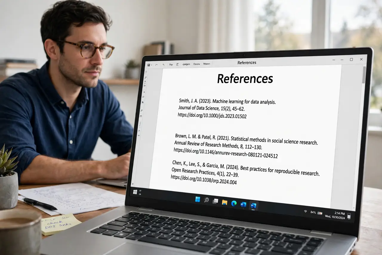 A person at a desk looking at a real laptop screen showing a reference list with hanging indents, first lines at the margin and following lines indented, text legible, the person's face calm and focus