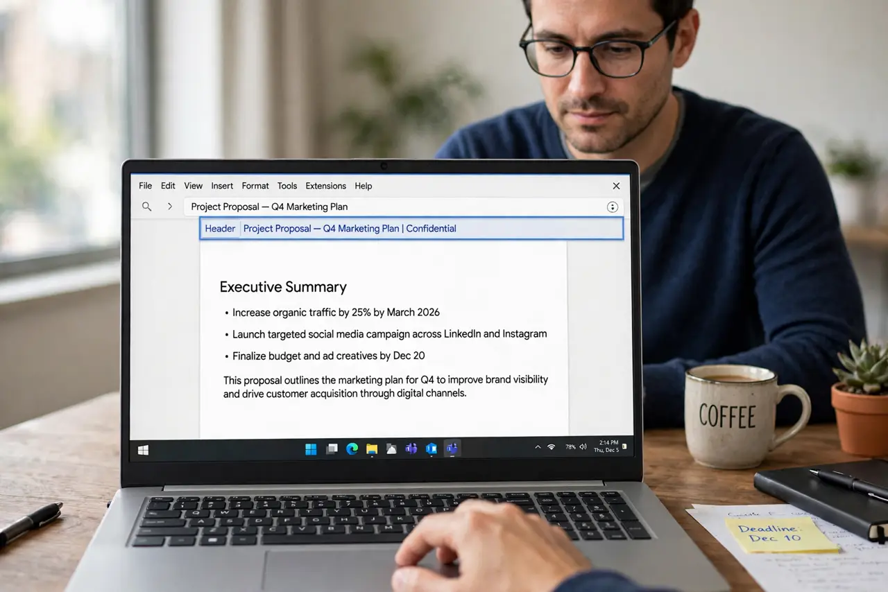 A person performing the first step: Open the header. Double-click the top margin, or Insert > Headers and footers > Header. The header zone activates with.