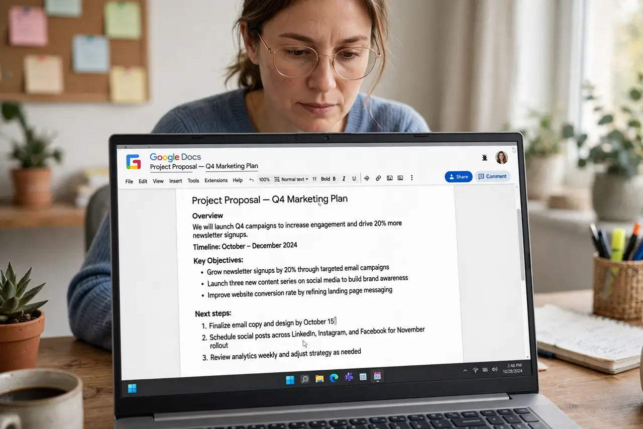 An adult at a desk using a real Windows laptop showing a Google Doc with the header area active and legible text, the person's face focused, home office.