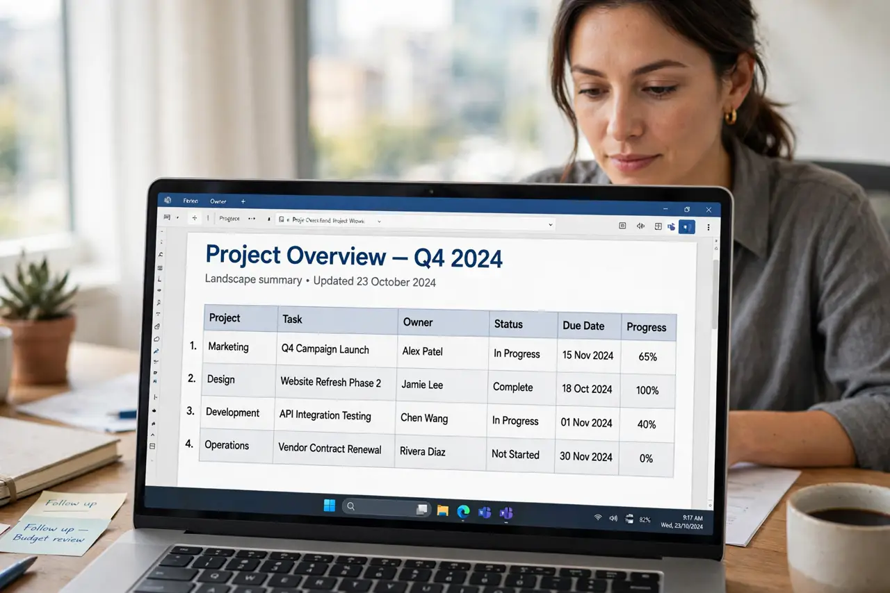 A person at a desk looking at a real laptop screen showing a document with one page in landscape orientation containing a wide table with legible text, the person's face calm and focused.