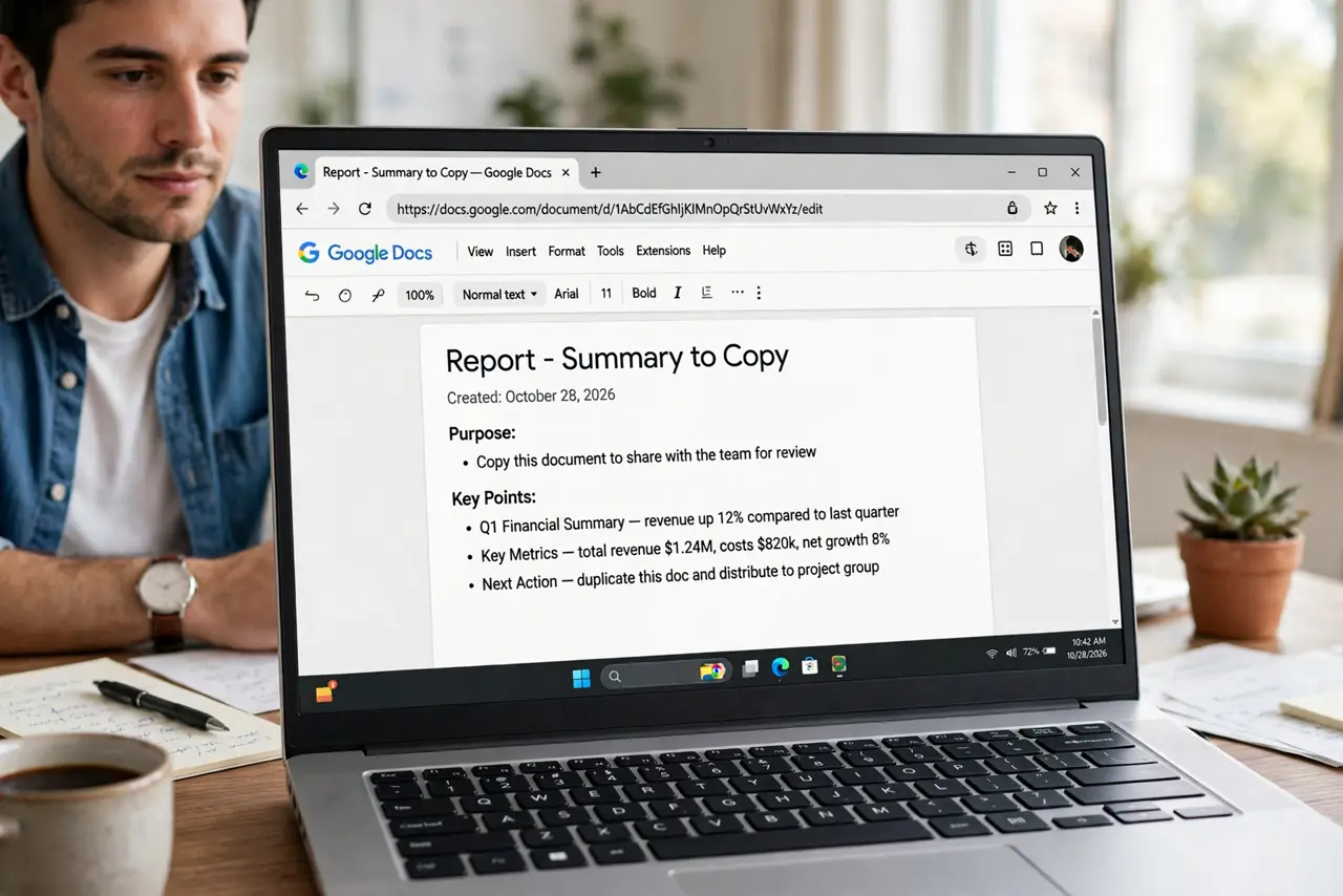 A person performing the first step: Open the document you want to copy. You need at least view access. Open it in Google Docs on the web — the copy option.