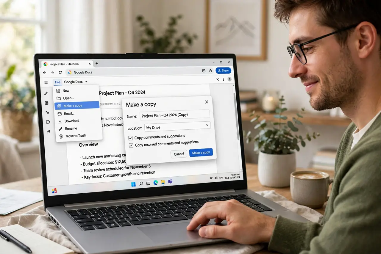 A person clicking File menu on a real laptop showing a Google Docs document with the Make a copy dialog fully legible, the person's face relaxed, home office.