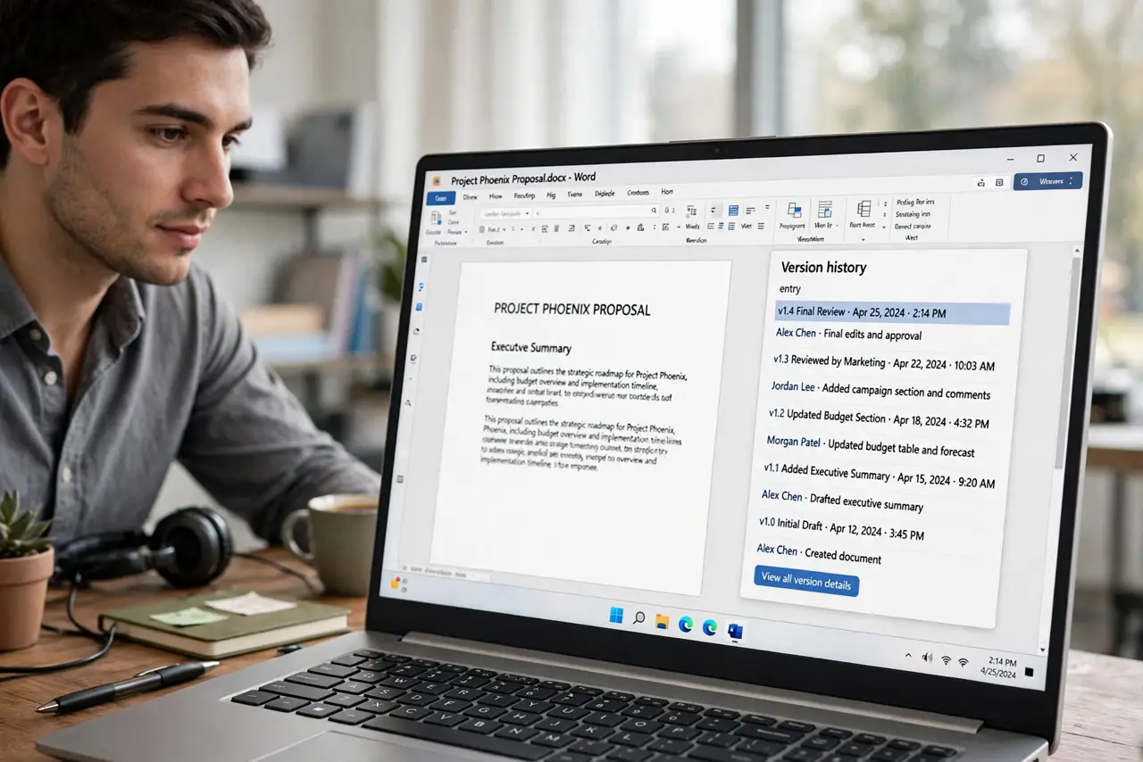 A person at a desk looking at a real laptop screen showing a document version history panel with legible named entries, the person's face calm and organized.