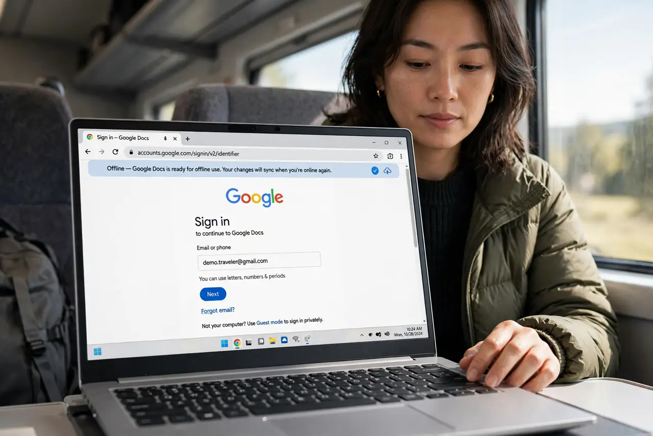 A person performing the first step: Use Chrome on a computer. Offline Docs works best in Chrome on Windows or Mac. Open Chrome and sign in to your Google.