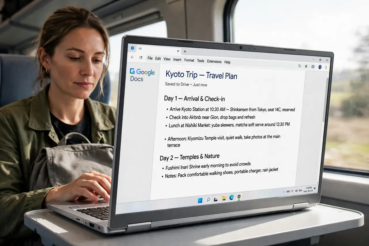 A traveler typing on a real laptop showing a Google Docs document with fully legible text on a train, no Wi-Fi icon visible, the person's face calm and focused.