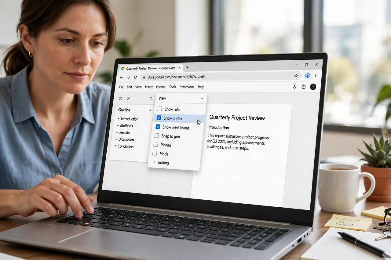 A person performing the first step: Show the outline. View > Show outline. The pane docks on the left with every heading listed — or a gentle.