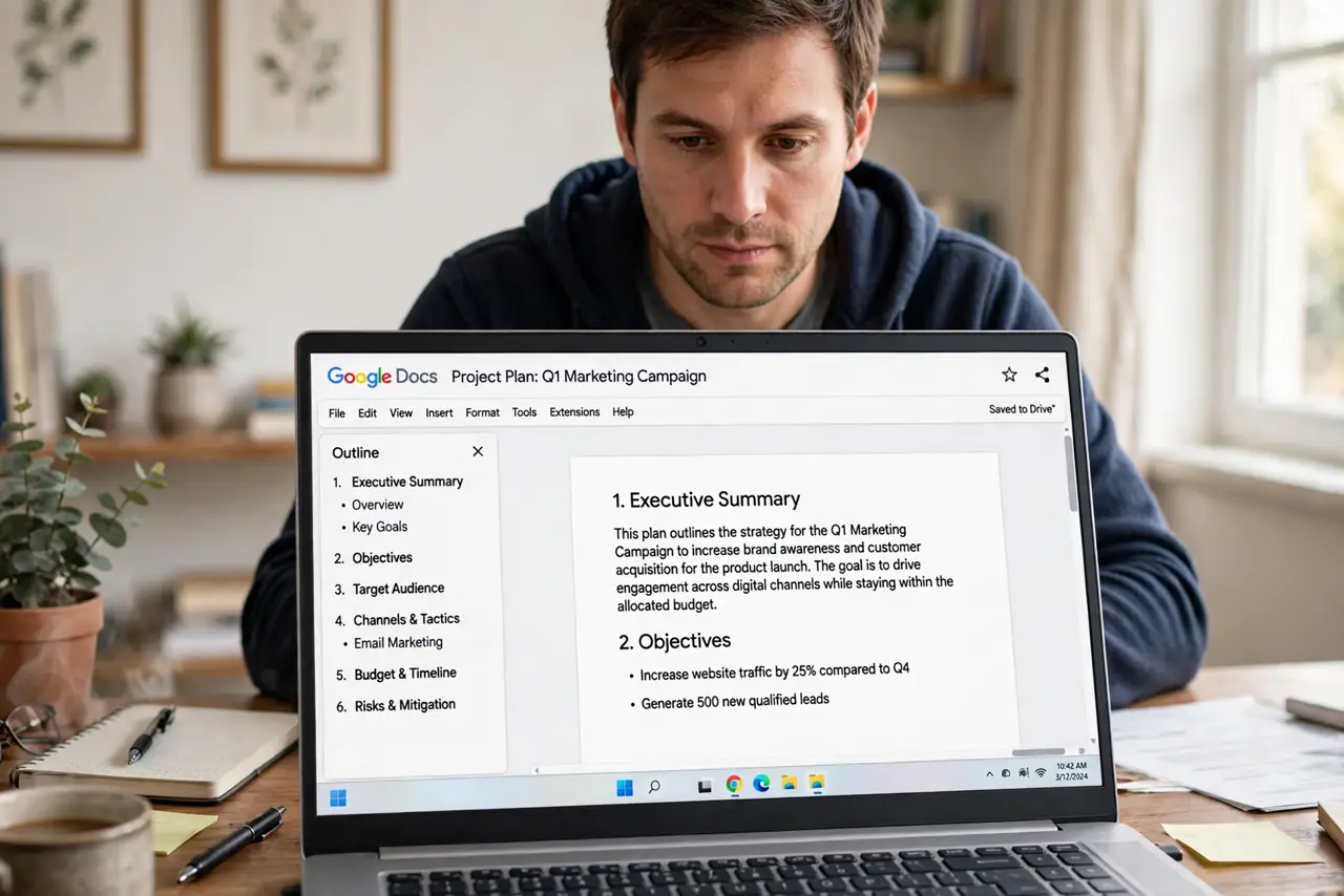 An adult at a desk using a real Windows laptop showing a long Google Doc with the outline pane open and headings fully legible, the person's face focused, home office.