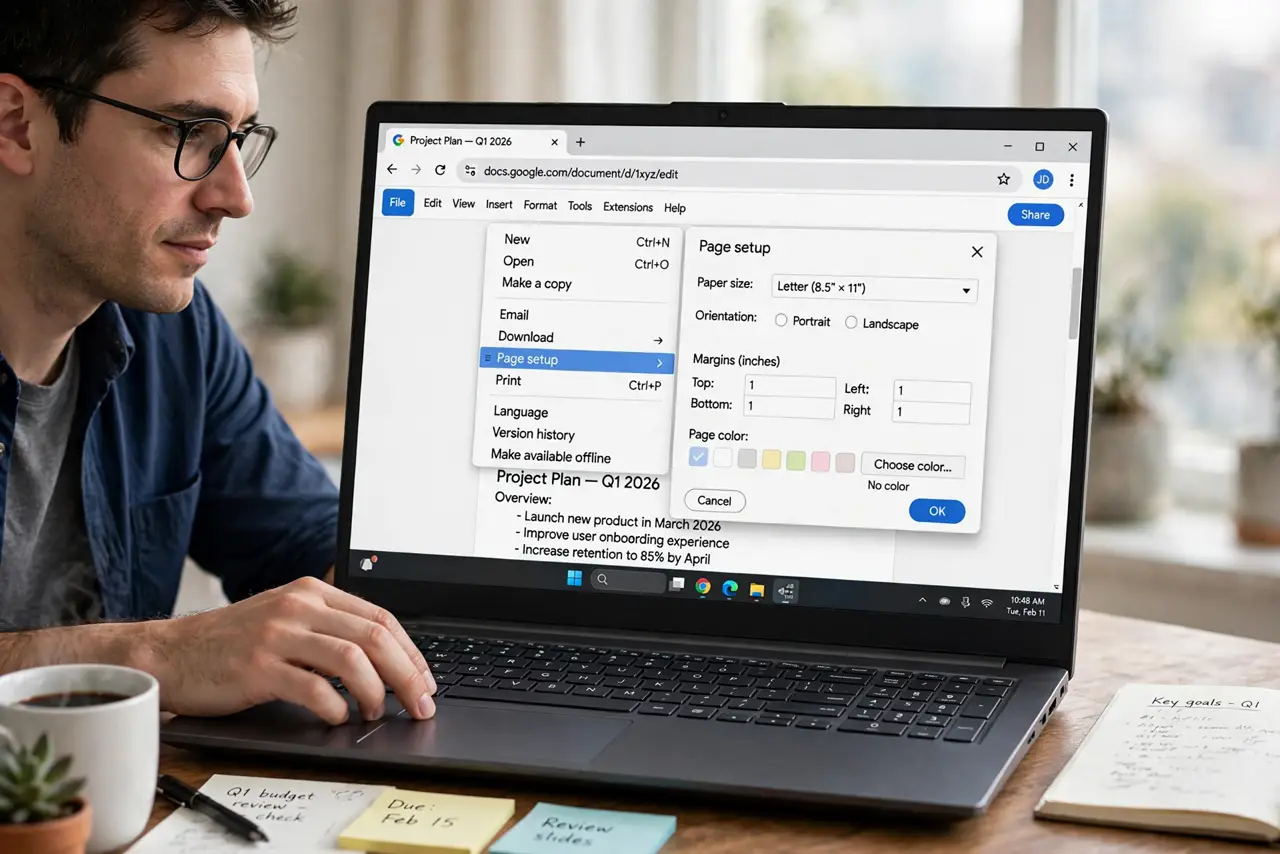 A person performing the first step: Open Page setup. File > Page setup. Page color sits with margins and size — the page physical settings..