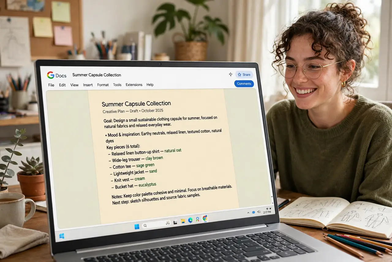 An adult at a desk using a real Windows laptop showing a Google Doc with a soft tinted page background and fully legible text, the person's face creative, home office.