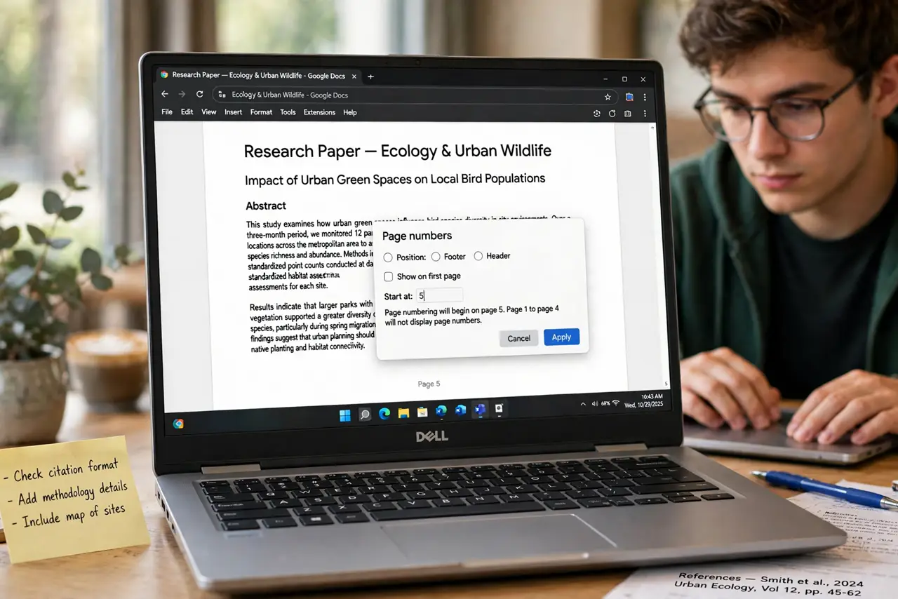 Start Page Numbers Later in Docs — a focused student setting page numbers to start later in Google Docs on a real laptop, the footer showing page