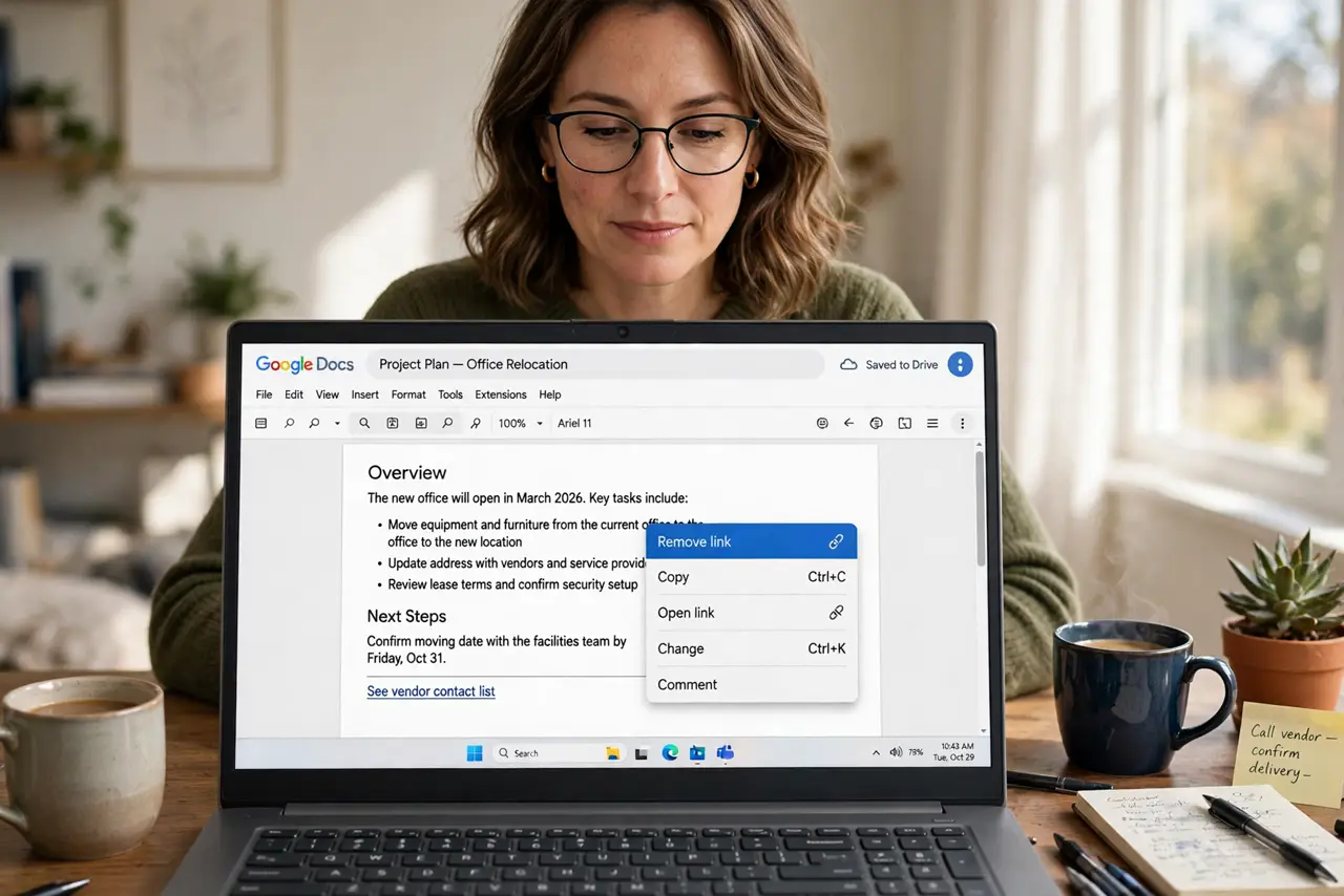 An adult at a desk using a real Windows laptop showing a Google Doc with the remove-link option highlighted and legible text, the person's face calm, home office.