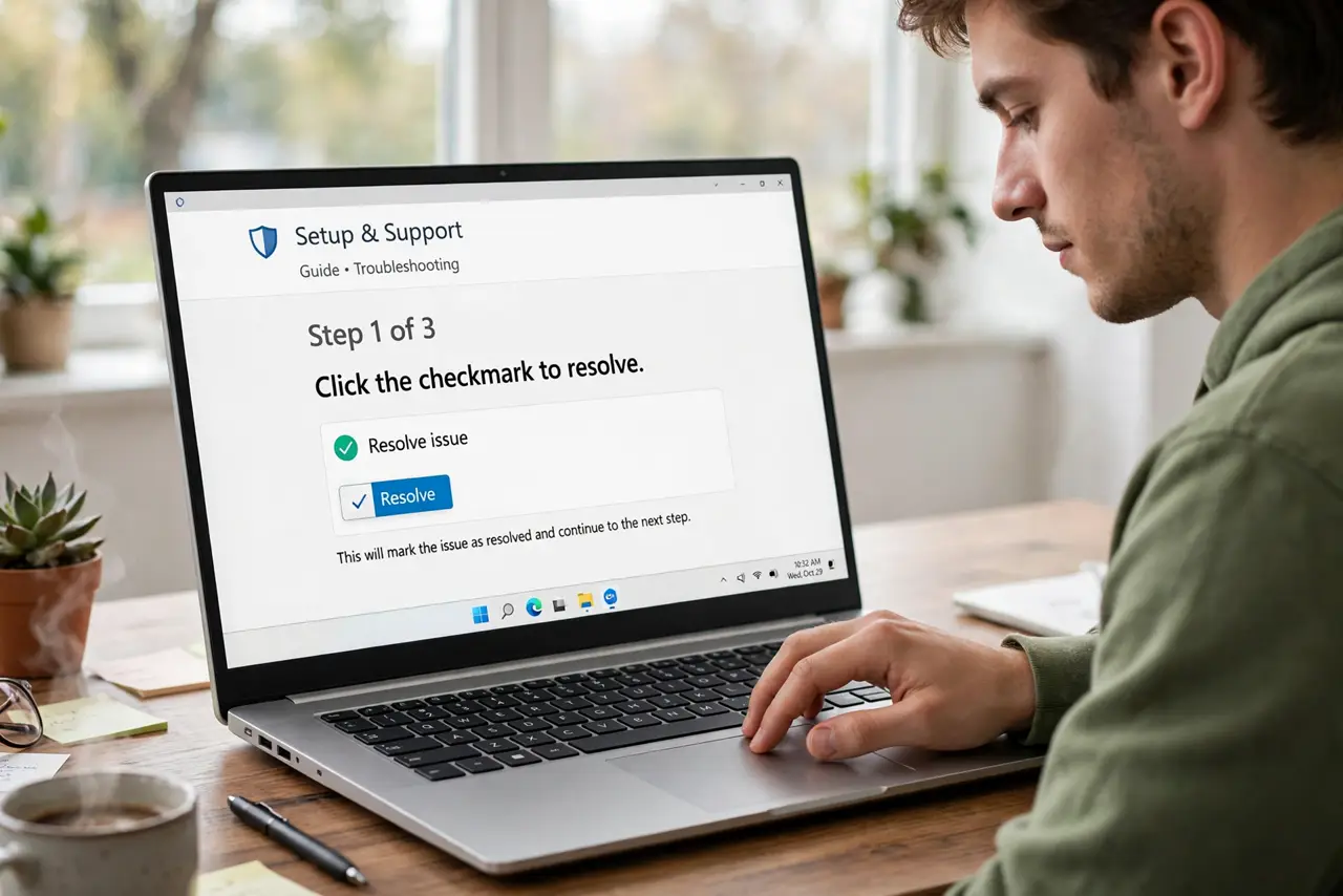 A person doing the guide's first step: Click the checkmark to resolve.