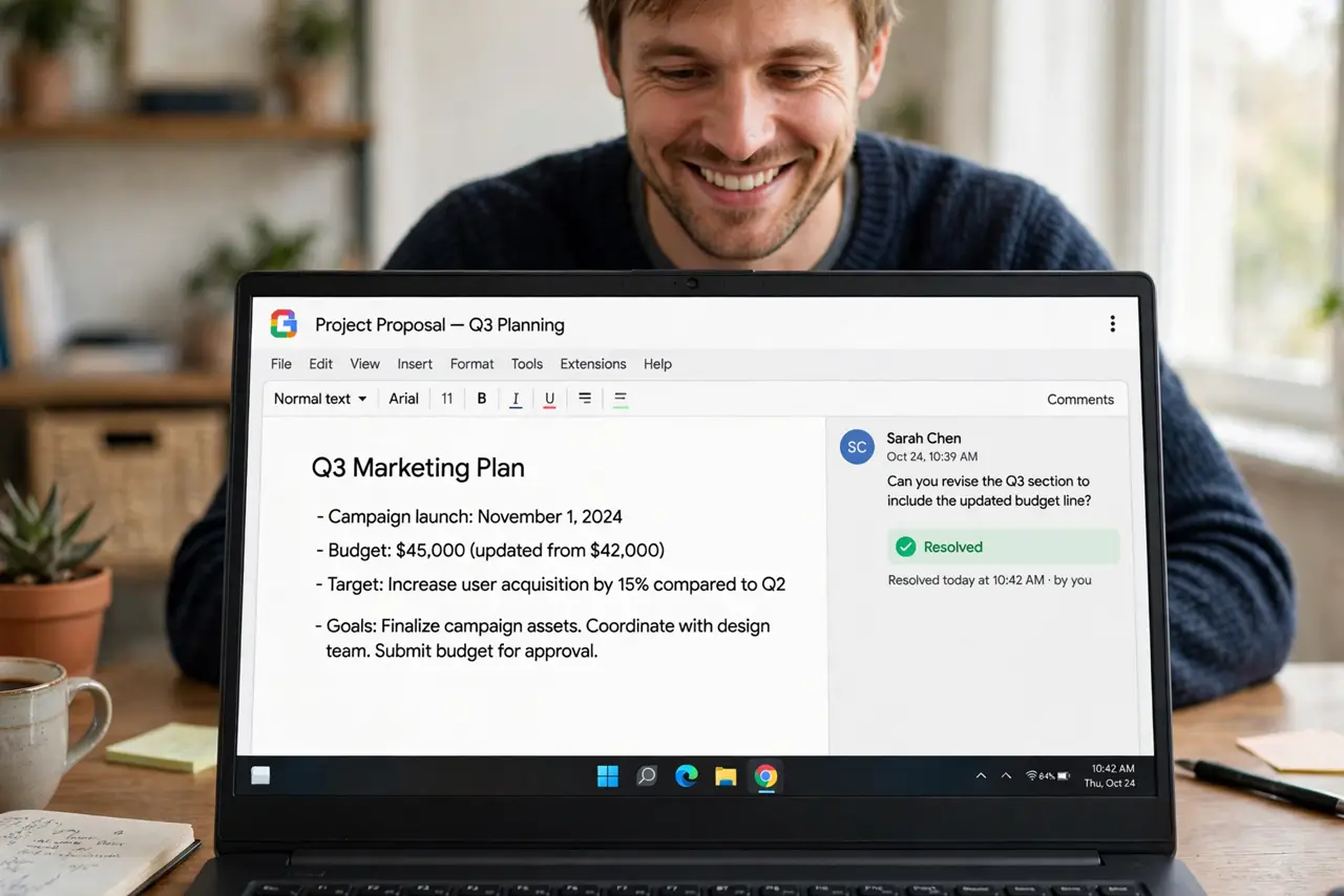 A person resolving a comment thread on a real laptop screen showing Google Docs with a comment and a resolve checkmark visible, the person's face satisfied, home office.
