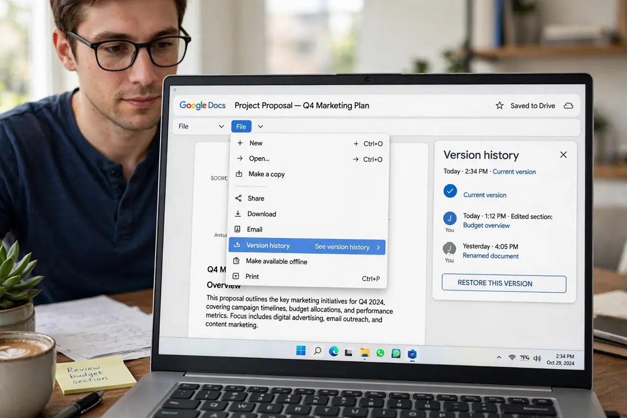 A person performing the first step: Open File > Version history > See version history. The history panel opens on the right, listing versions by date and.