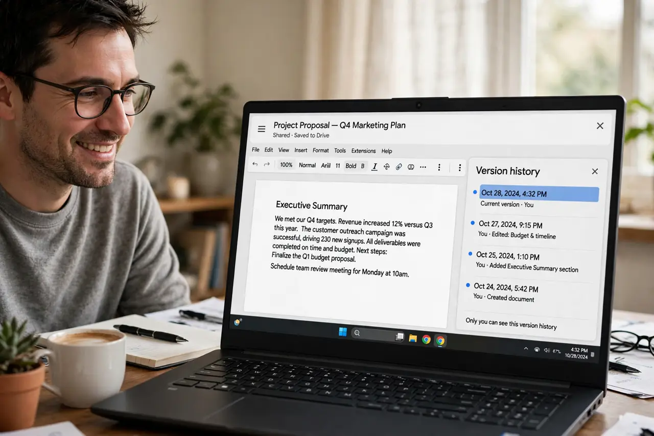 A person browsing version history on a real laptop showing a Google Docs document with the version history panel fully legible, the person's face relieved, home office.