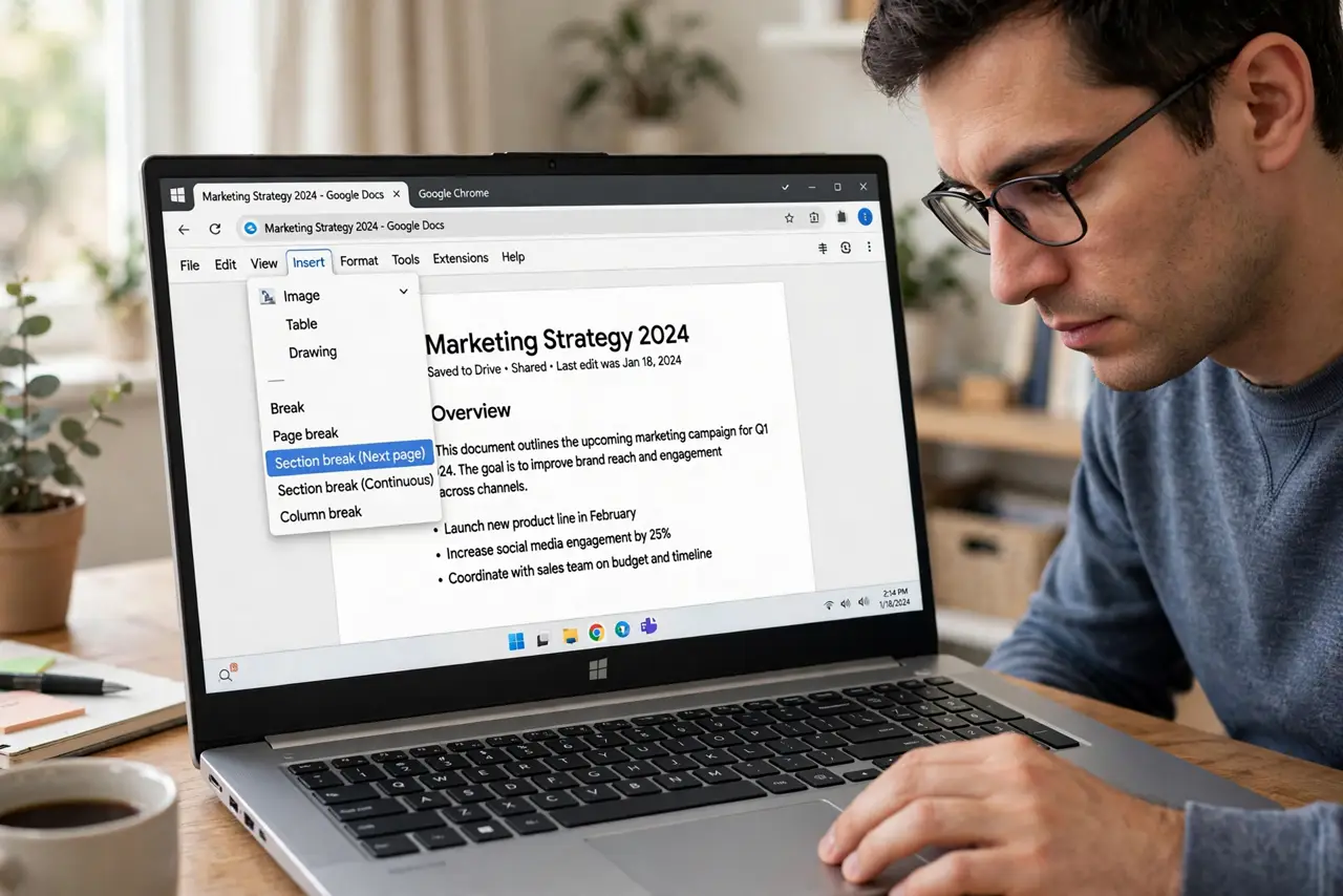 A person inserting a section break on a real laptop screen showing Google Docs with the Insert Break menu open and section break option legible, the person's face focused, home office.