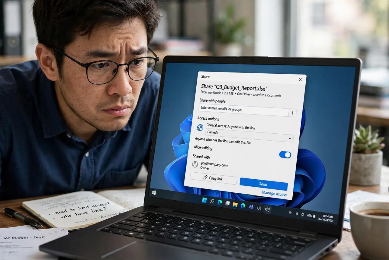 A worried person at a desk looking at a real laptop screen showing a share settings dialog with access options and legible text, the person's face concerned but focused.